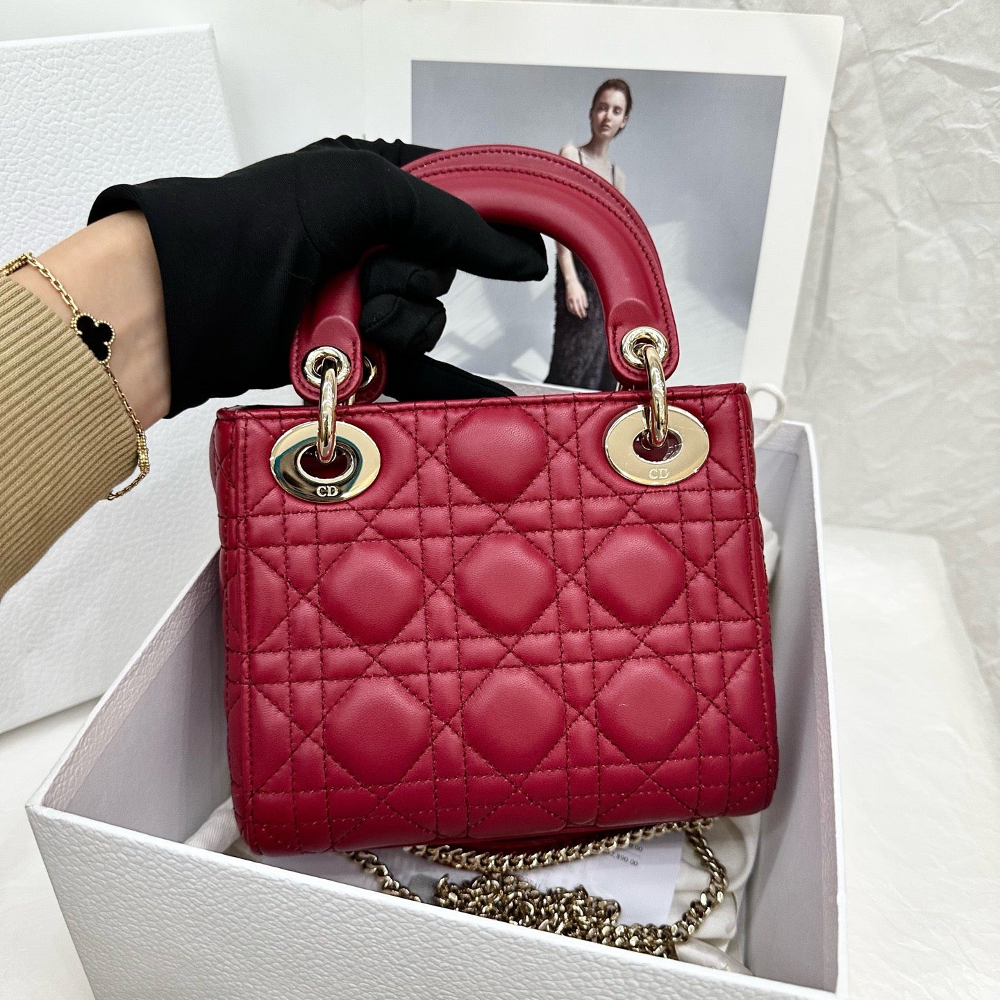 Dior Cannage Lambskin Mini Lady Bag- GHW / Red