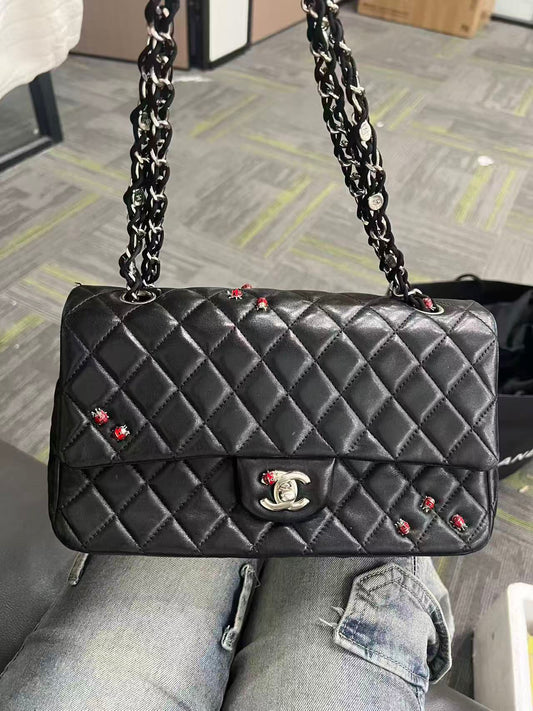Chanel Quilted Lambskin Ladybug Mini Rectangular Single Flap Bag - SHW / Black