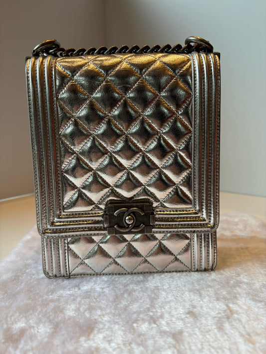 Chanel Quilted Patent South North Boy - GHW / Sliver