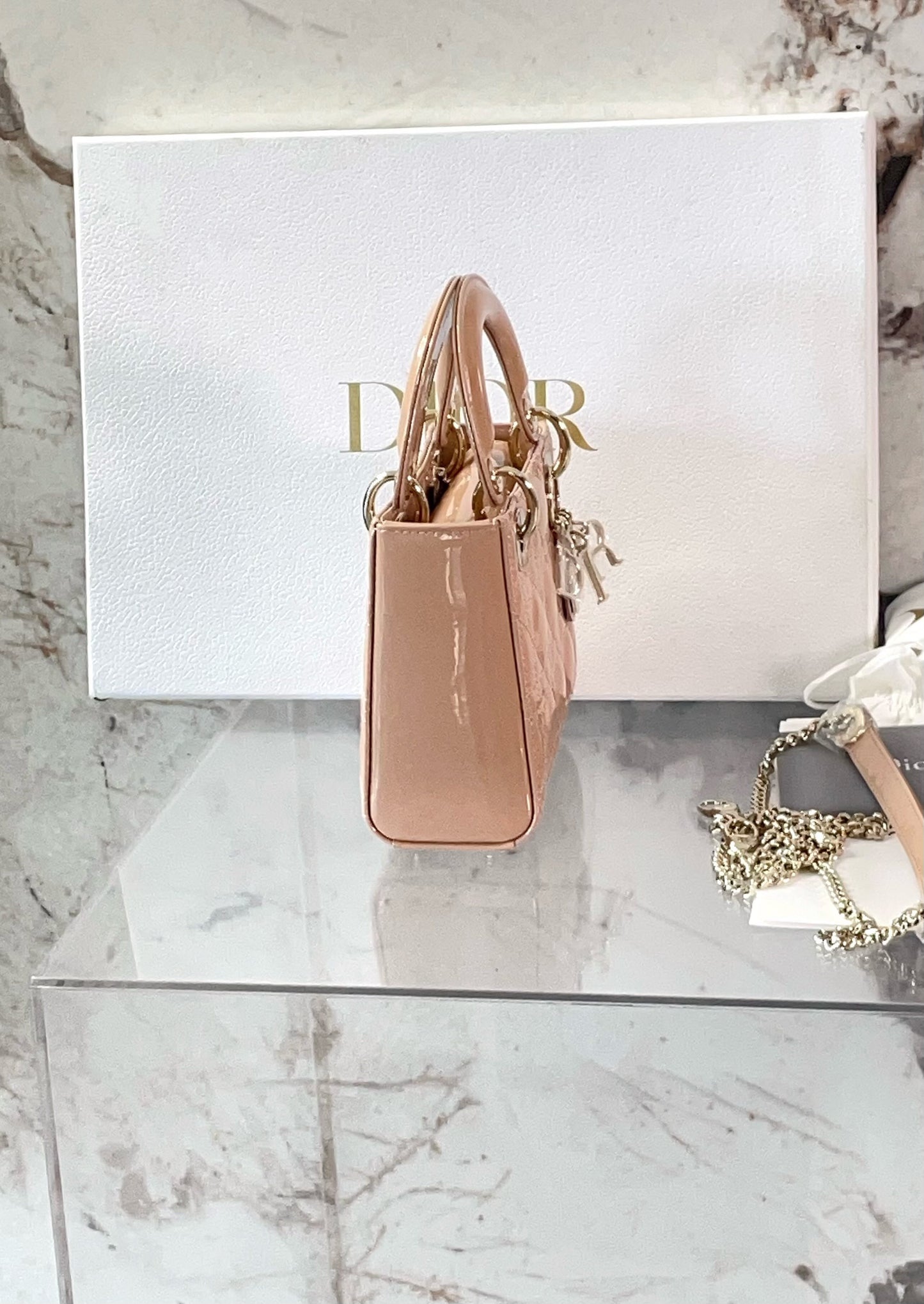 Dior Patent Mini Dior Bag - GHW/ Beige