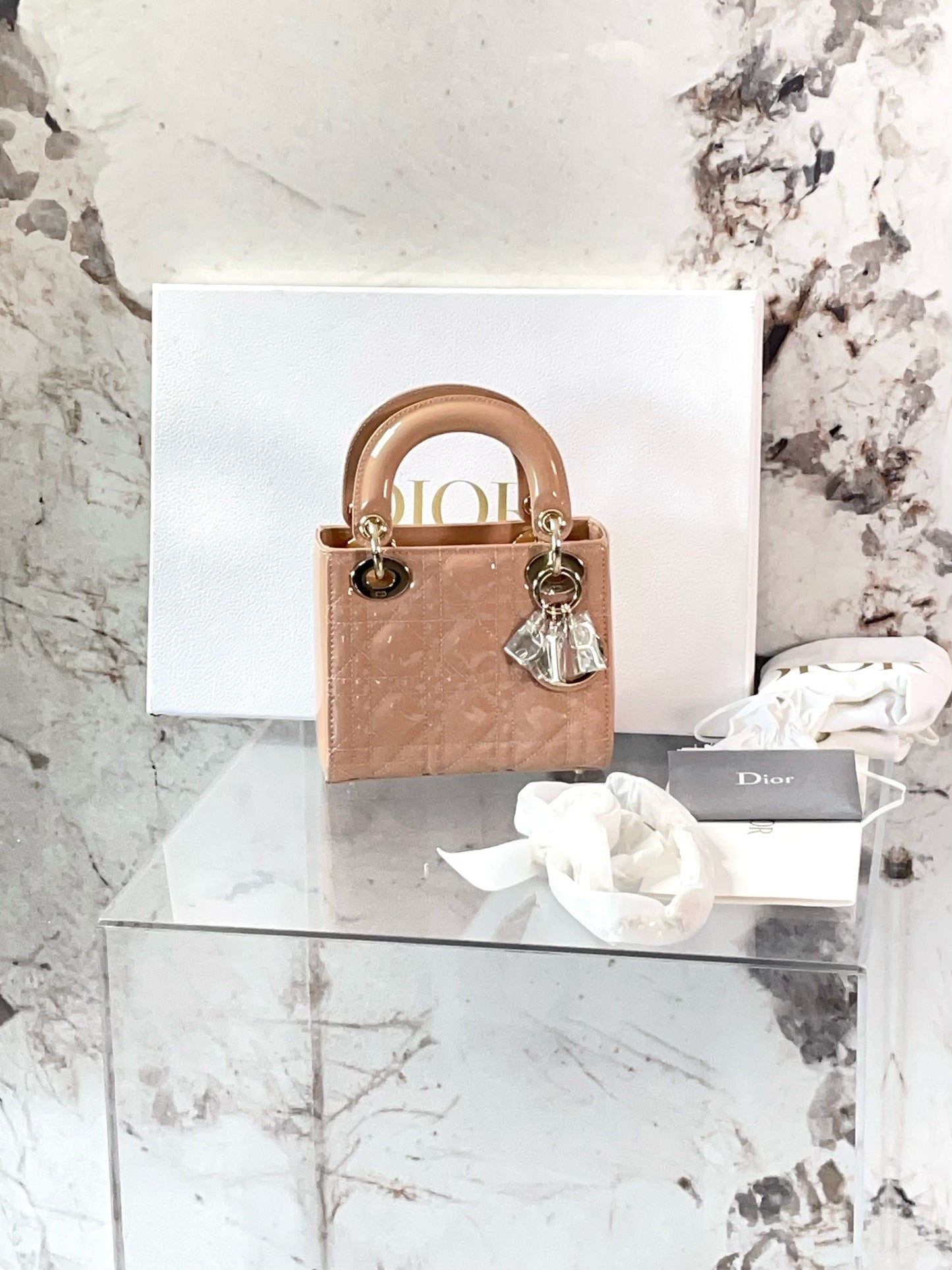 Dior Patent Mini Dior Bag - GHW/ Beige
