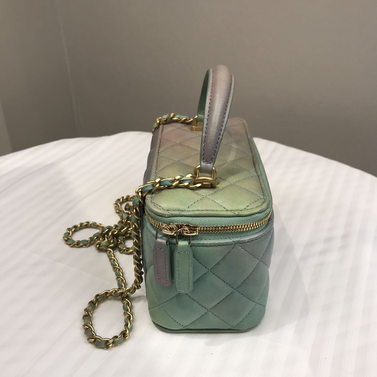 Chanel Quilted Lambskin Tophandle Small Vanity Box - GHW / Blue/Green