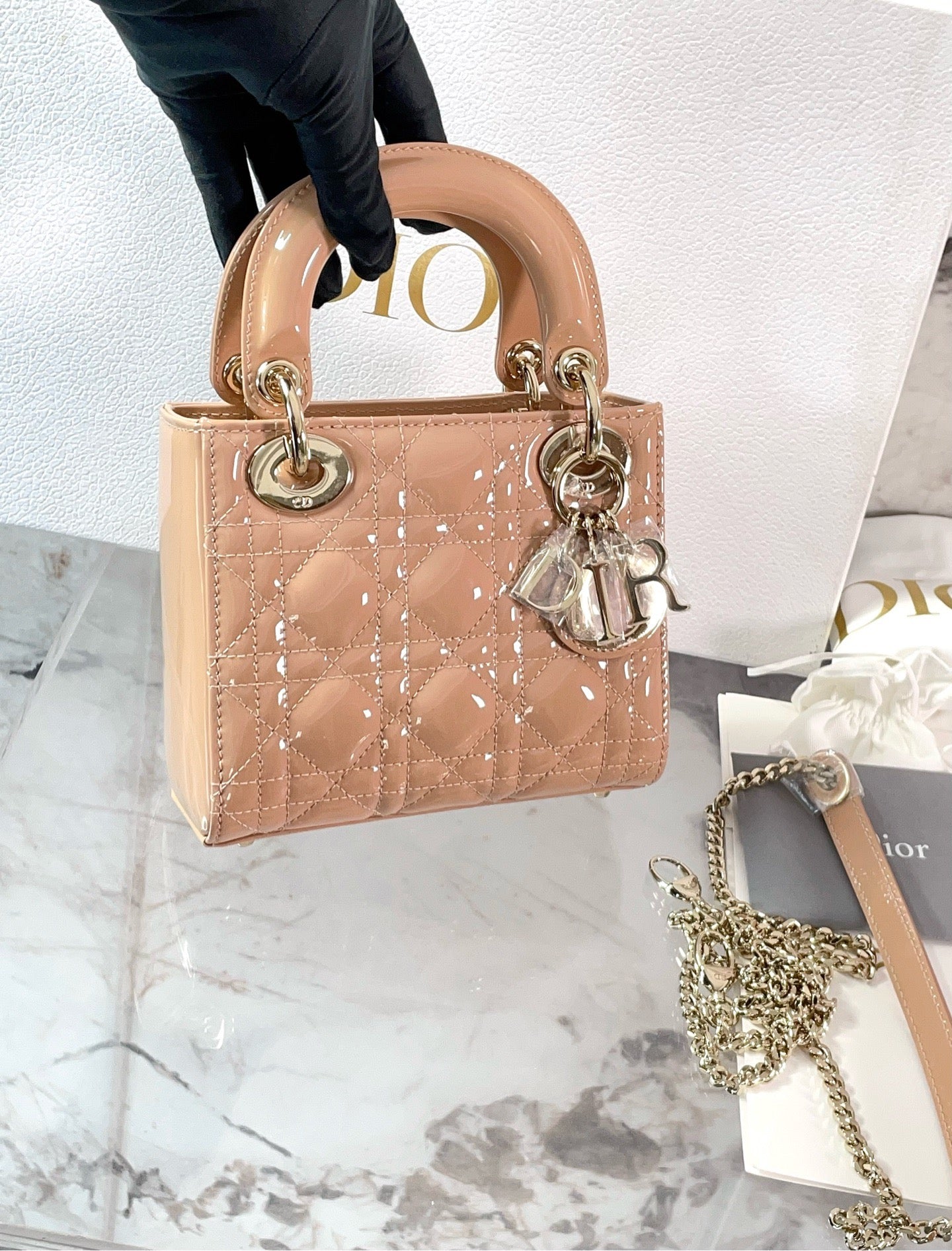 Dior Patent Mini Dior Bag - GHW/ Beige