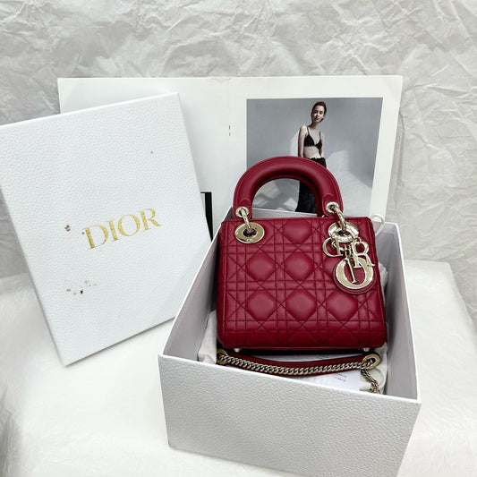 Dior Cannage Lambskin Mini Lady Bag- GHW / Red