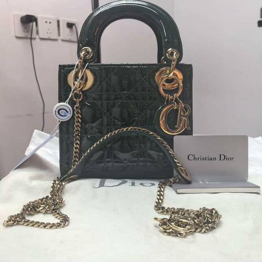 Dior Cannage Patent Mini Lady Bag - GHW / Dark Green (B)