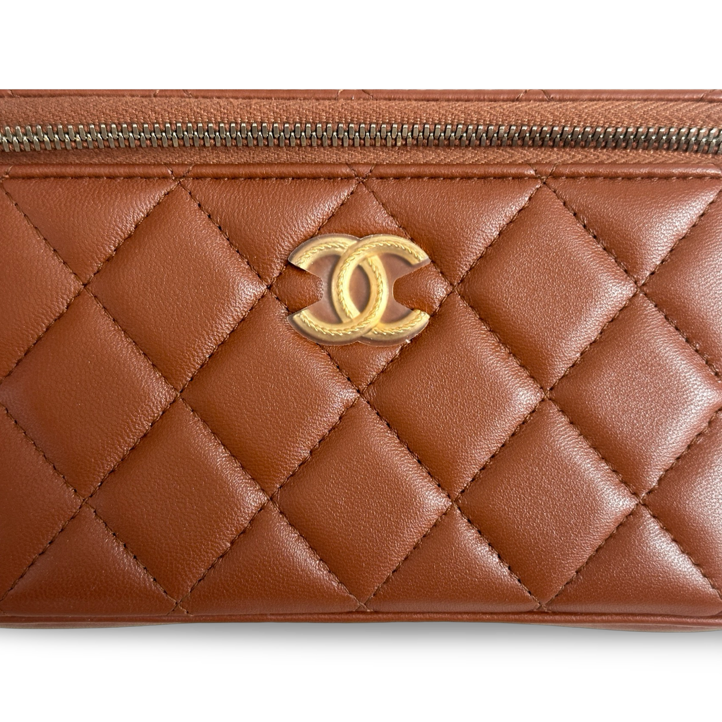 Chanel Classic Shiny Calfskin Top Handle Medium Vanity Case Carmel