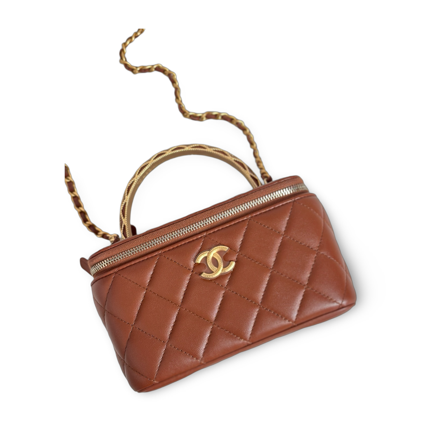 Chanel Classic Shiny Calfskin Top Handle Medium Vanity Case Carmel