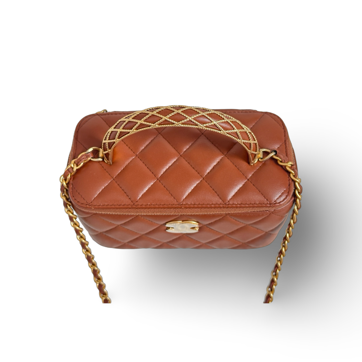 Chanel Classic Shiny Calfskin Top Handle Medium Vanity Case Carmel