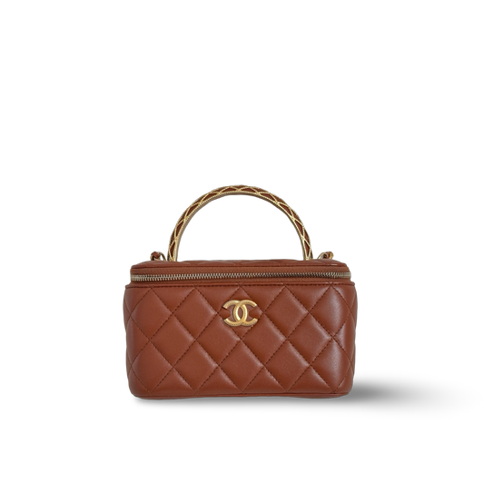 Chanel Classic Shiny Calfskin Top Handle Medium Vanity Case Carmel