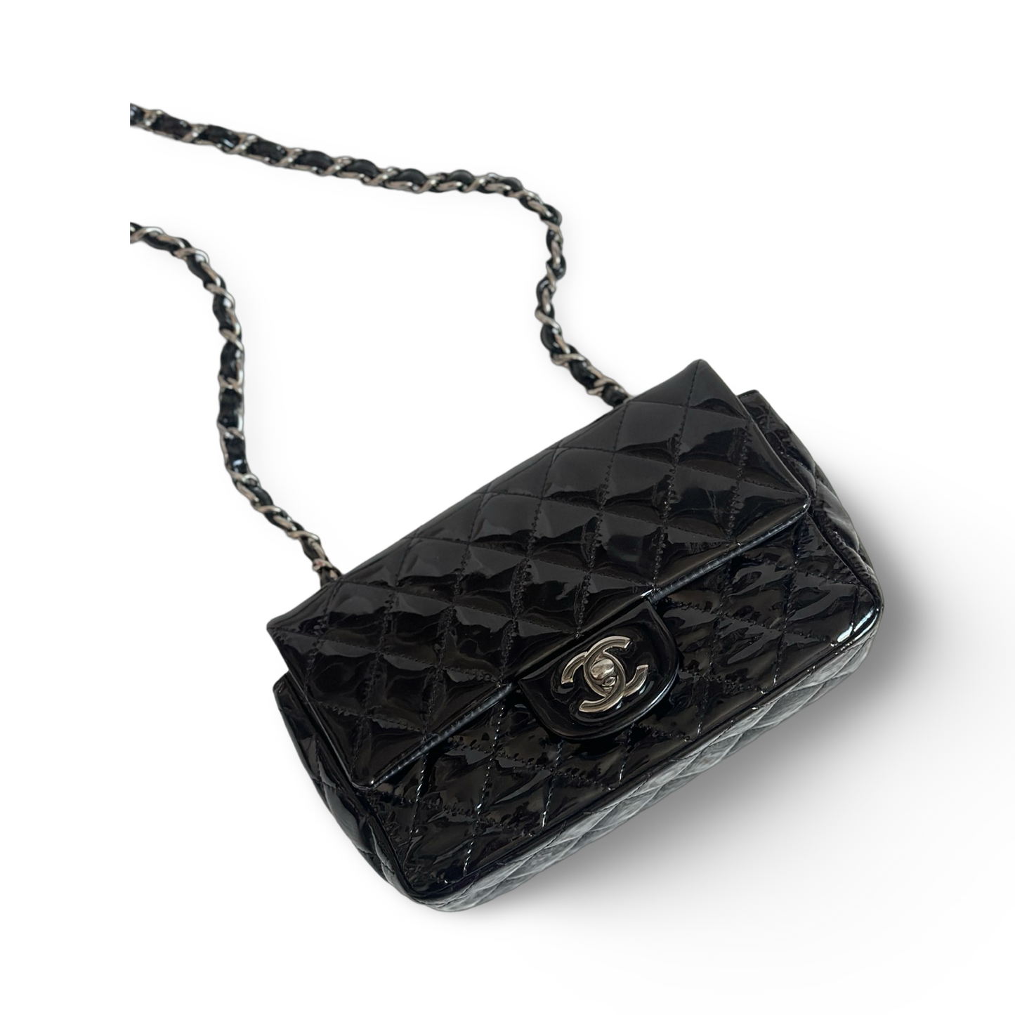 Chanel Classic Patent Rectangular Flap Silver (Black)