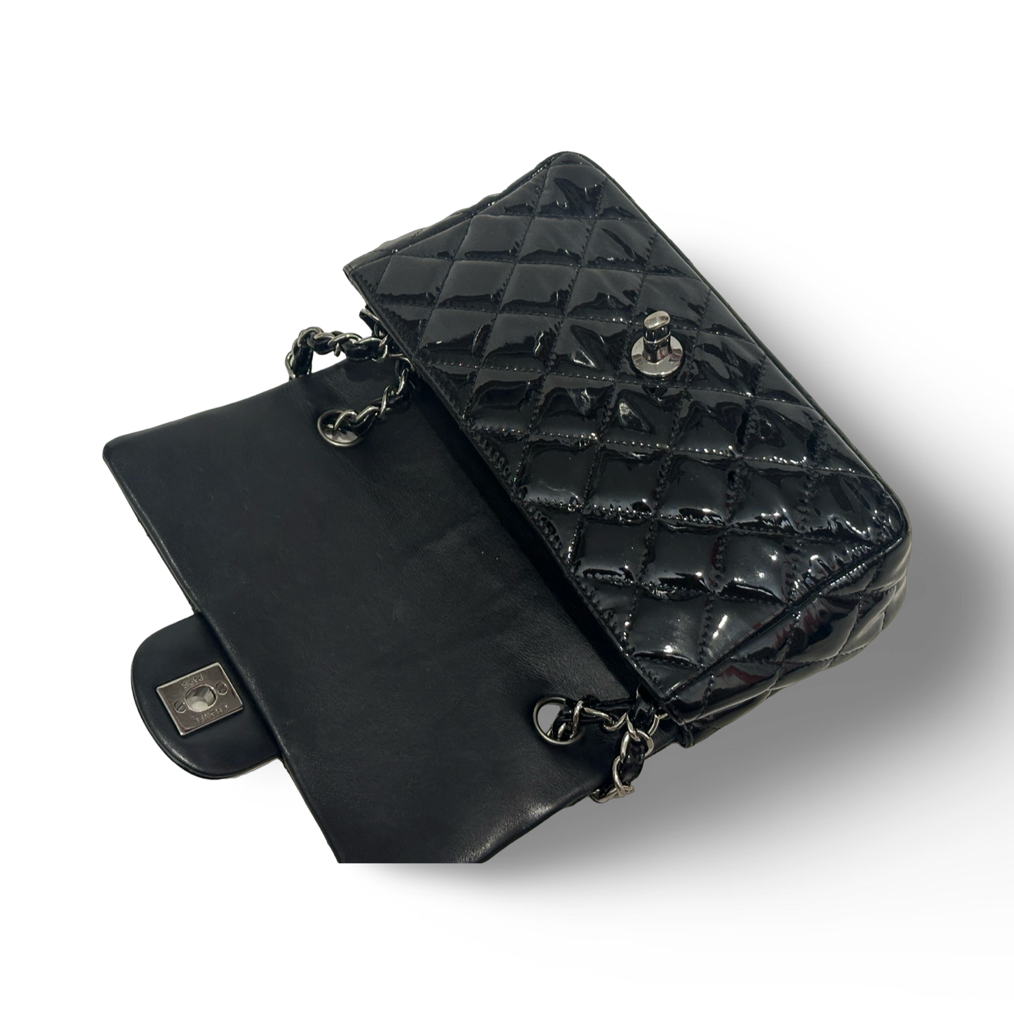 Chanel Classic Patent Rectangular Flap Silver (Black)
