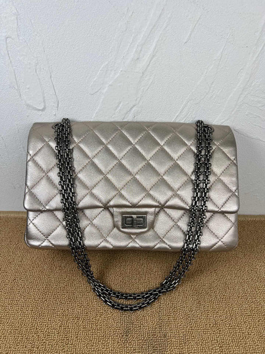 Chanel Quilted Aged Calfskin Metallic 2.55 Flap Bag - Dark SHW / Grey