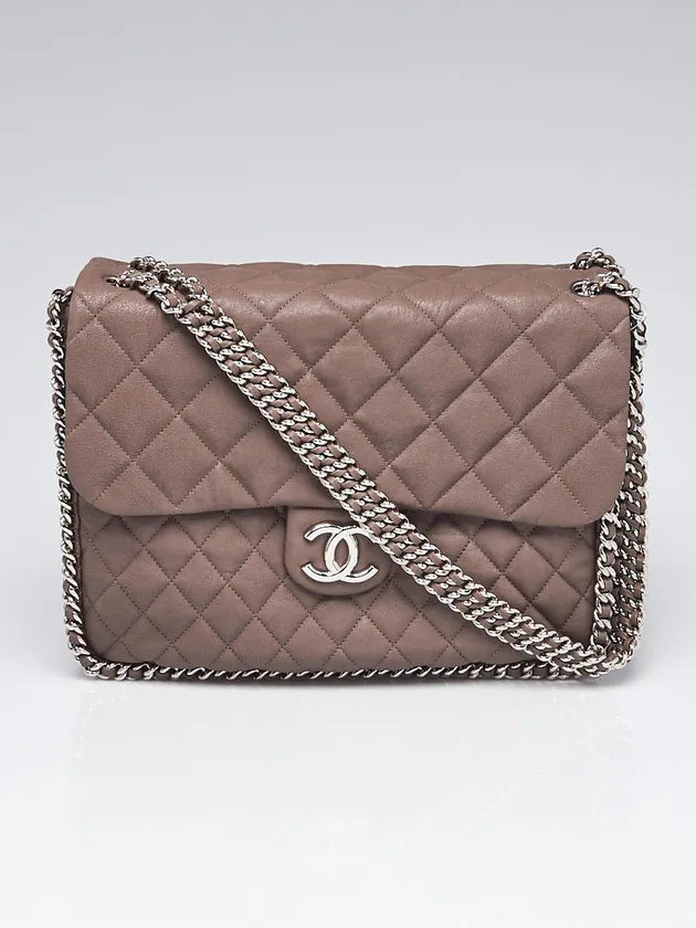 Chanel Quilted Washed Lambskin Leather Chain Around Maxi Single Flap -SHW / Taupe