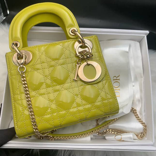Dior Cannage Patent Mini Lady Bag - GHW / Lime Yellow