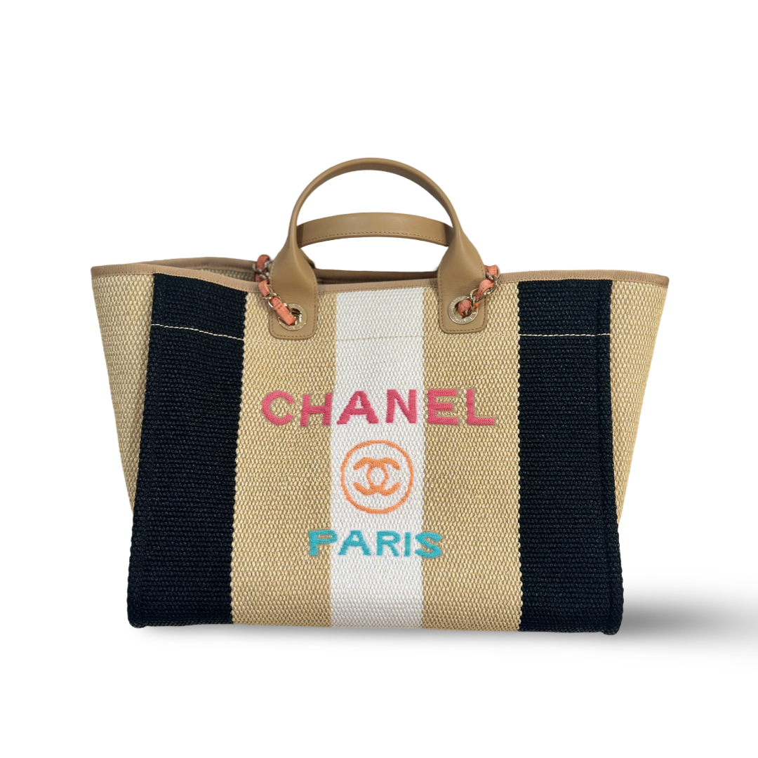 Chanel Straw Raffia Calfskin Striped Medium Deauville Tote Beige