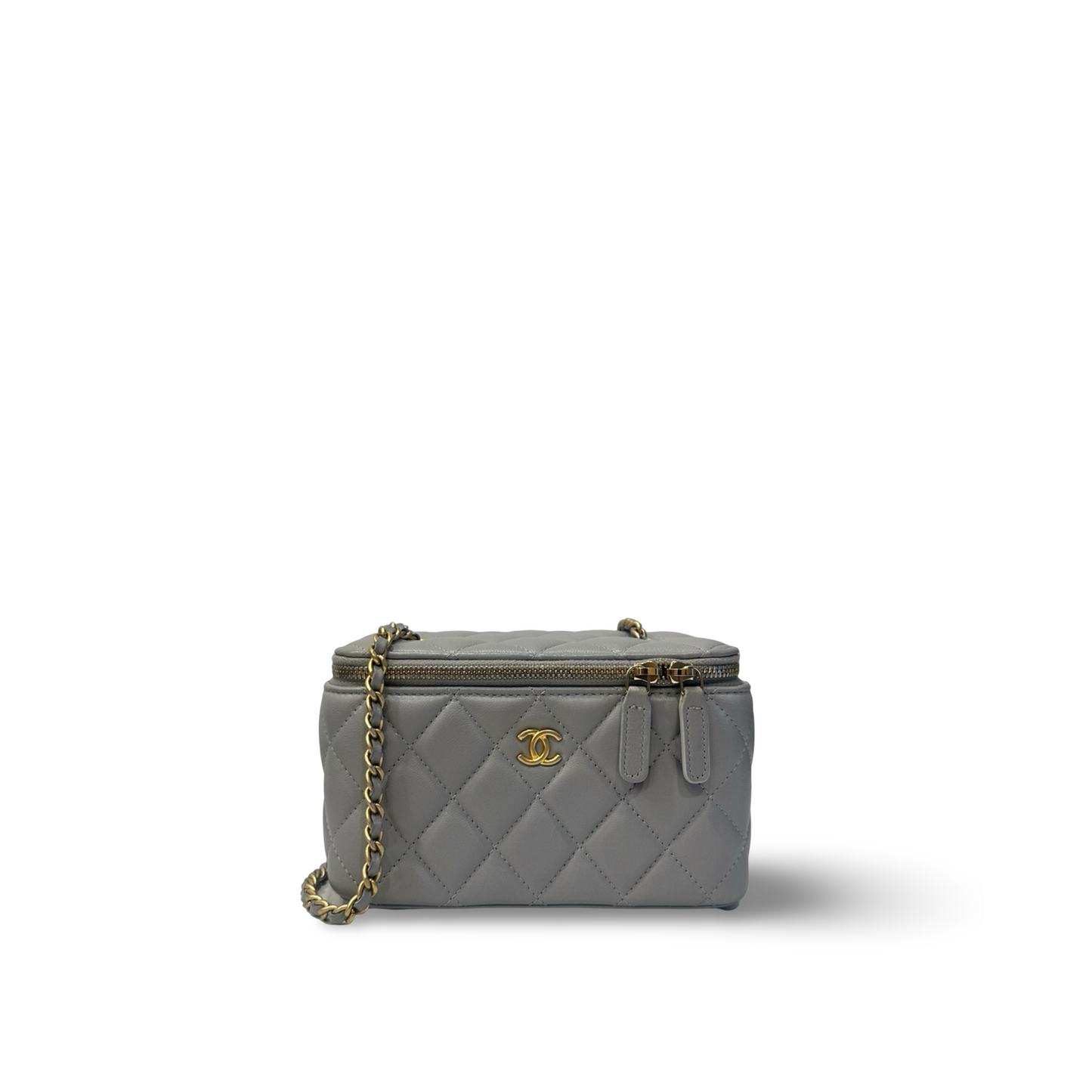 Chanel Quilted Lambskin Small Vanity Case With Gold Ball - GHW / Light Gray