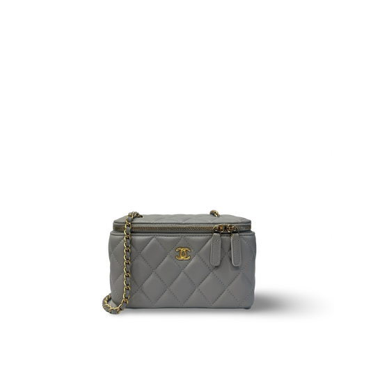 Chanel Quilted Lambskin Small Vanity Case With Gold Ball - GHW / Light Gray