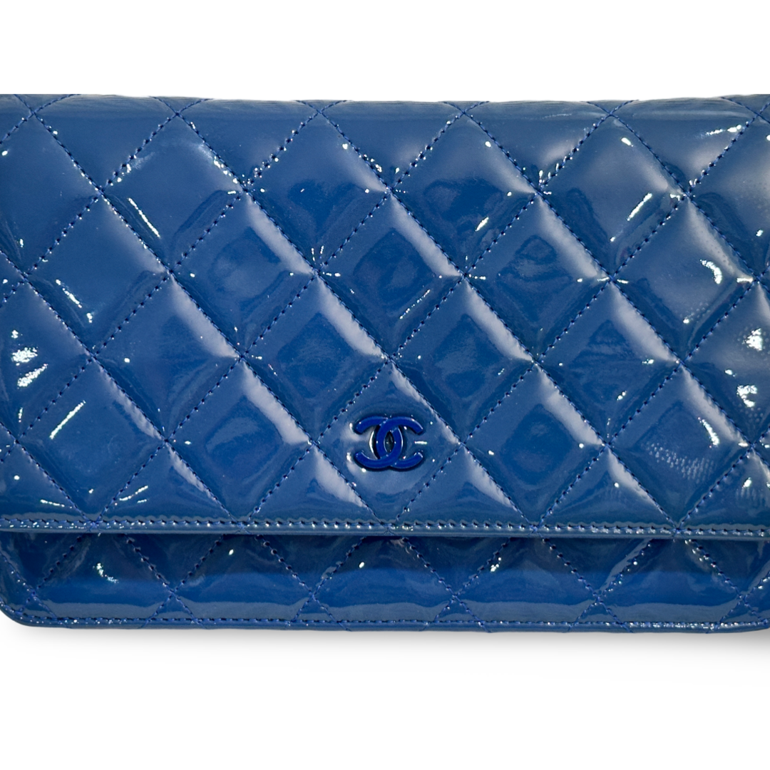 Chanel Classic Patent Quilted Wallet On Chain WOC Blue