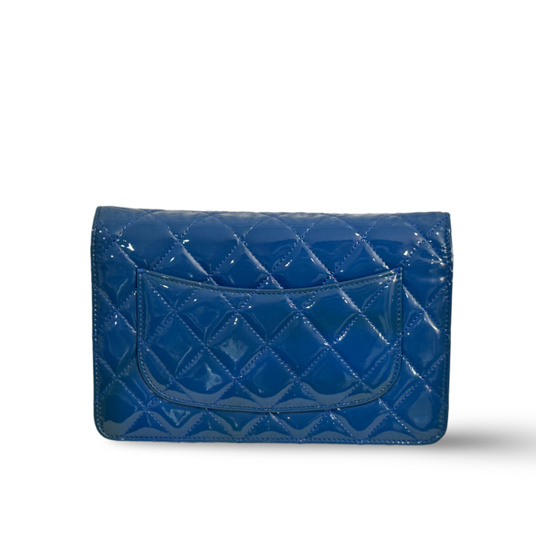 Chanel Classic Patent Quilted Wallet On Chain WOC Blue