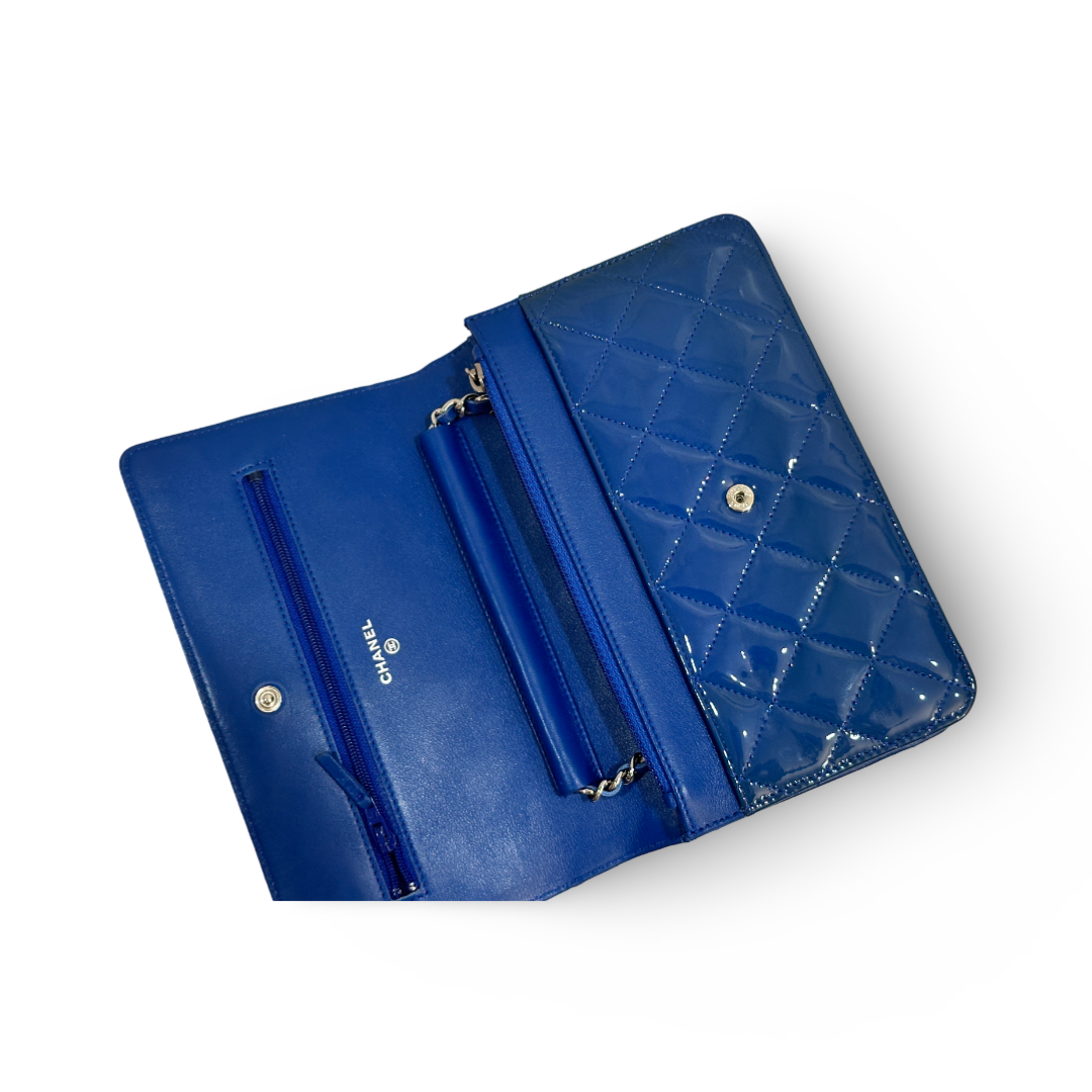 Chanel Classic Patent Quilted Wallet On Chain WOC Blue