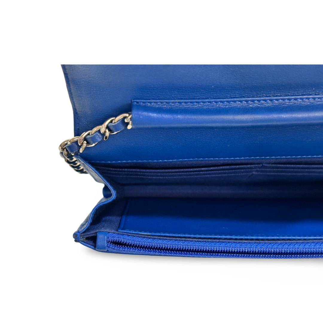 Chanel Classic Patent Quilted Wallet On Chain WOC Blue