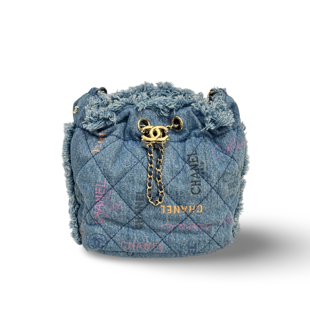 Chanel Denim Quilted Medium Mood Bucket With Chain Blue Multicolor