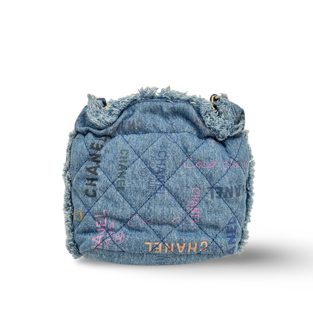 Chanel Denim Quilted Medium Mood Bucket With Chain Blue Multicolor