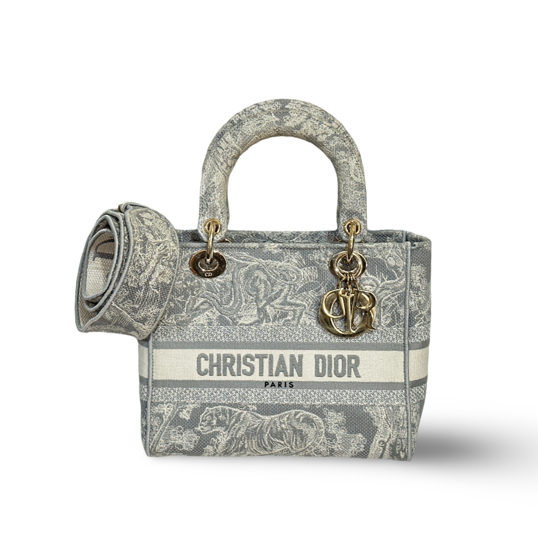 Dior Canvas Toile De Jouy Reverse Embroidered Medium Lady D-Lite Bag Gray