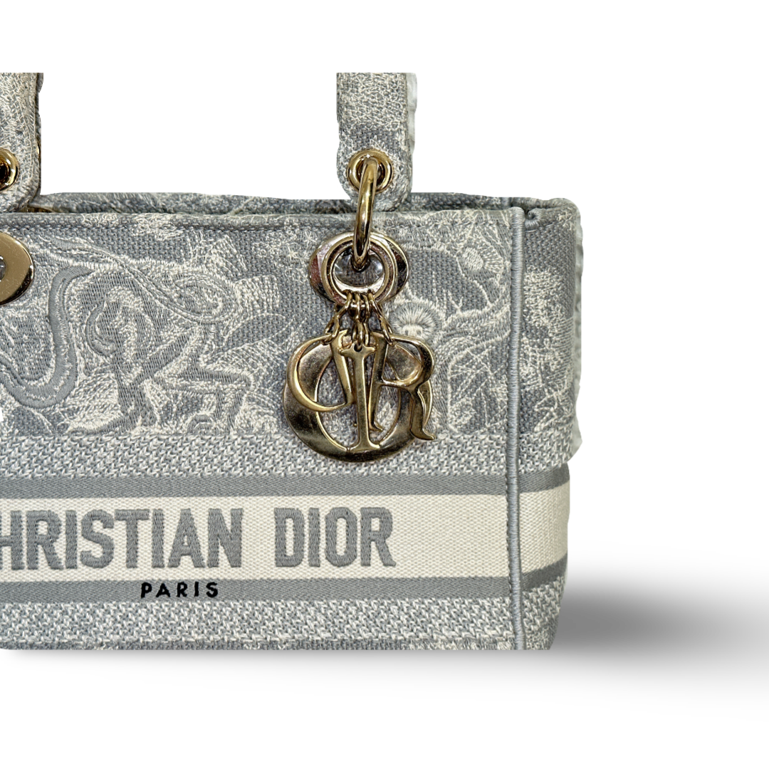 Dior Canvas Toile De Jouy Reverse Embroidered Medium Lady D-Lite Bag Gray