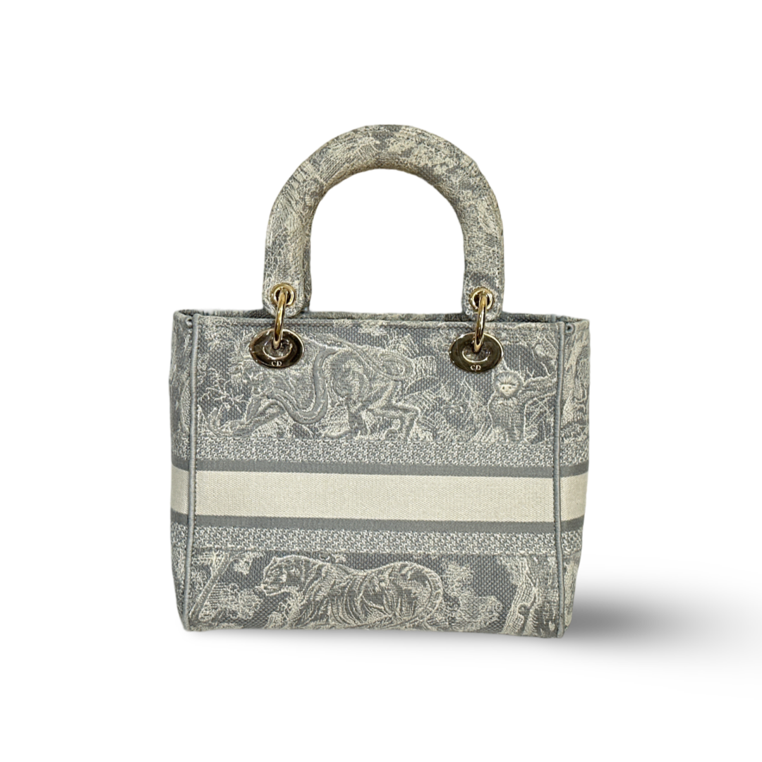 Dior Canvas Toile De Jouy Reverse Embroidered Medium Lady D-Lite Bag Gray