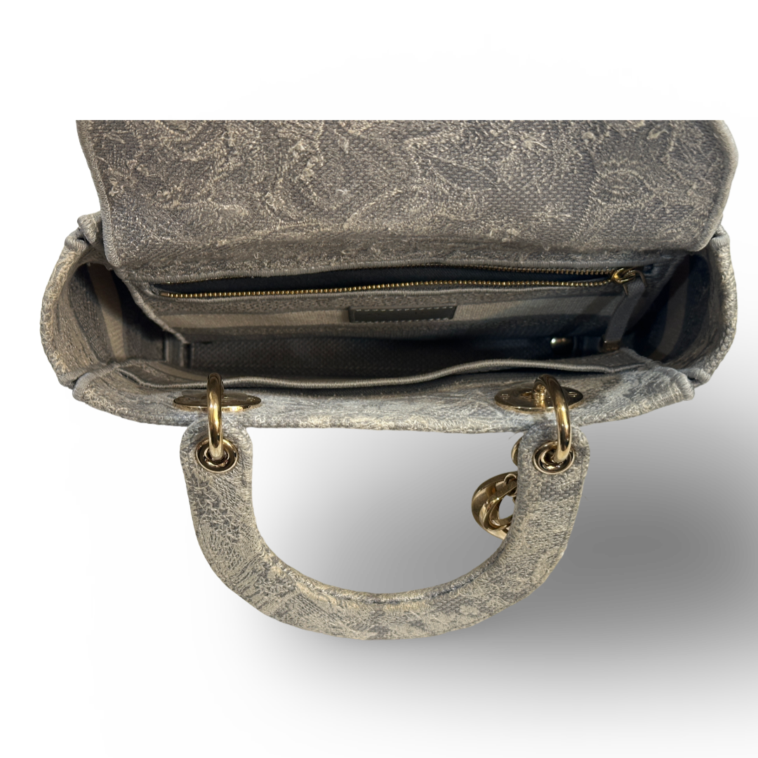 Dior Canvas Toile De Jouy Reverse Embroidered Medium Lady D-Lite Bag Gray