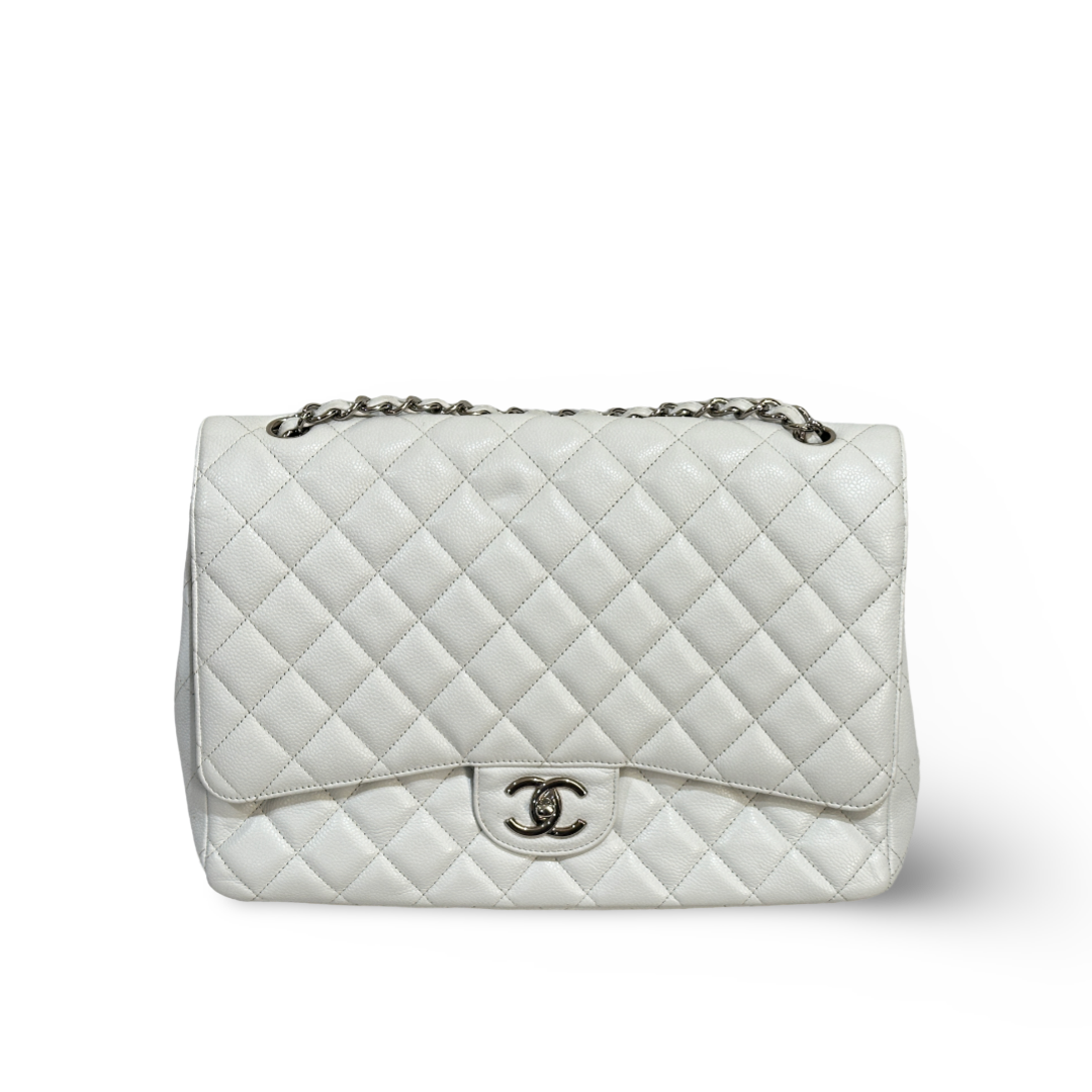 Chanel Classic Caviar Quilted Maxi Double Flap - SHW / White