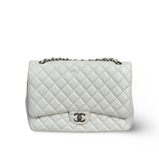Chanel Classic Caviar Quilted Maxi Double Flap - SHW / White