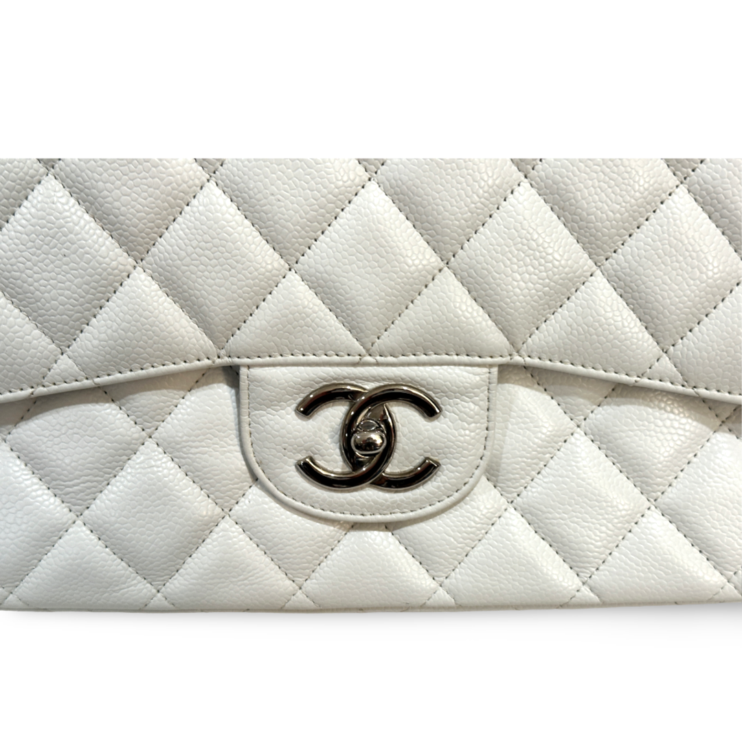Chanel Classic Caviar Quilted Maxi Double Flap - SHW / White