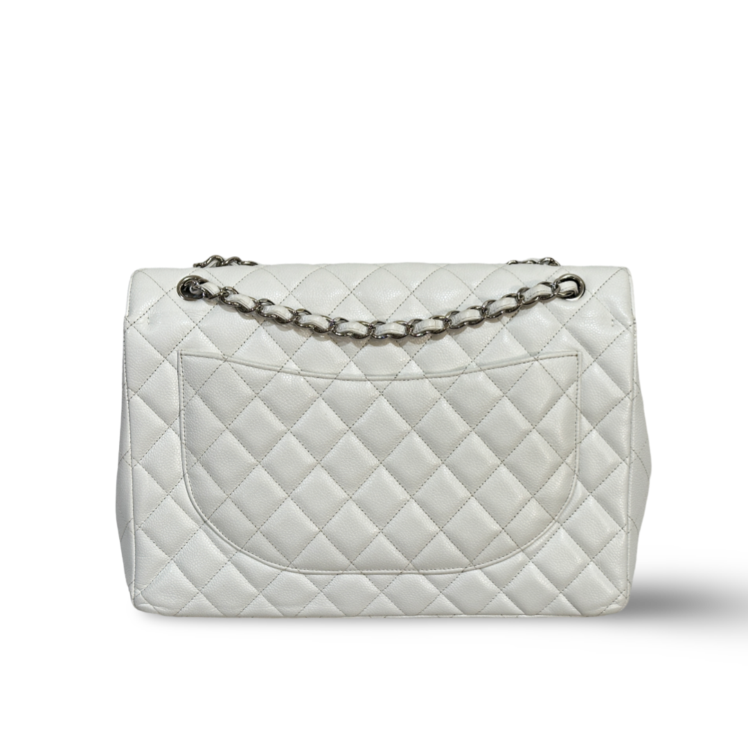 Chanel Classic Caviar Quilted Maxi Double Flap - SHW / White