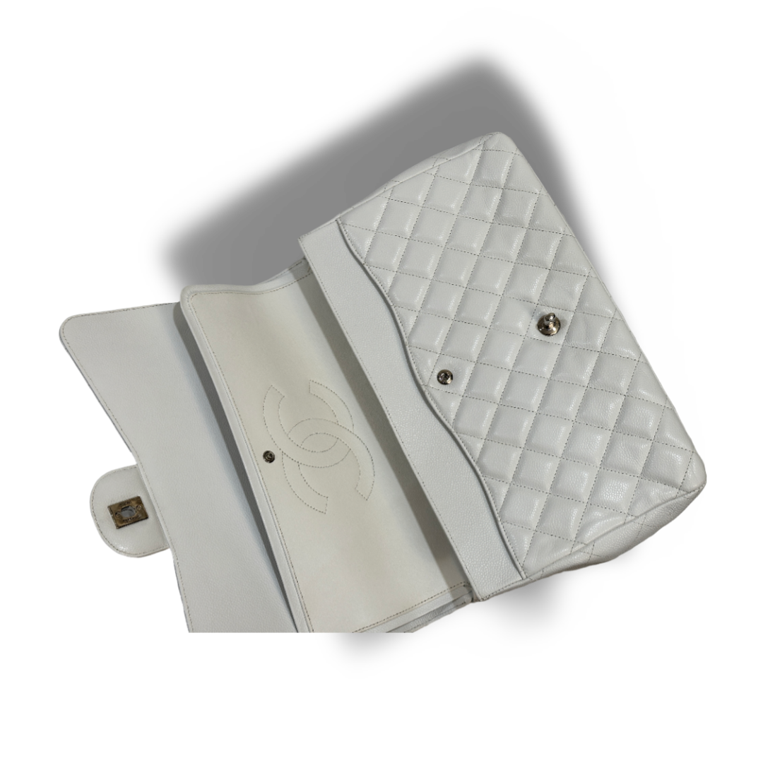 Chanel Classic Caviar Quilted Maxi Double Flap - SHW / White