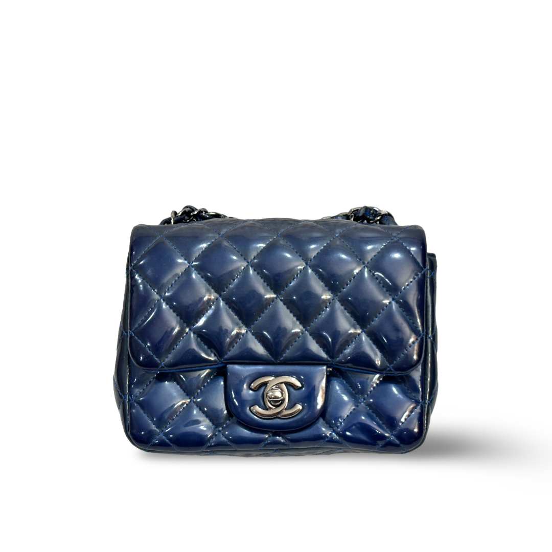 Chanel Classic Patent Quilted Mini Square Single Flap Navy