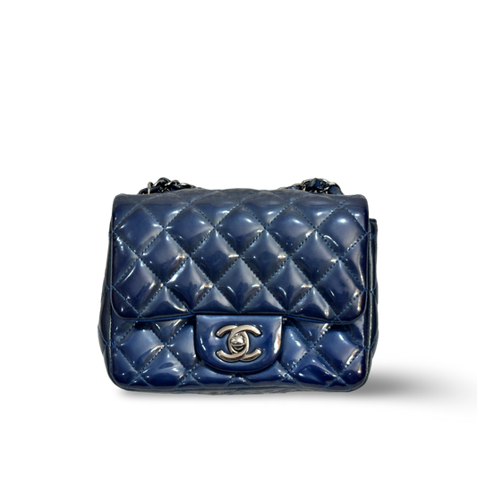 Chanel Classic Patent Quilted Mini Square Single Flap Navy