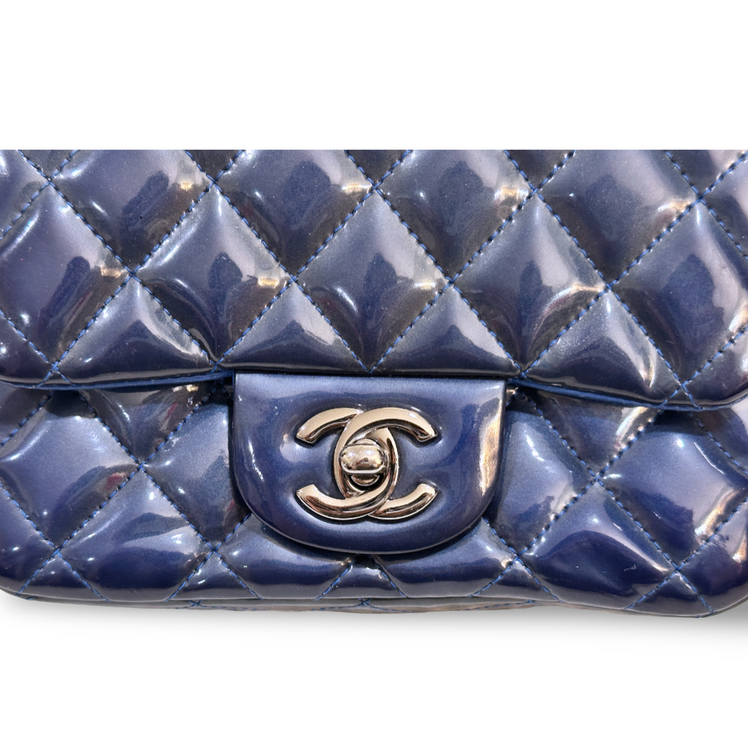 Chanel Classic Patent Quilted Mini Square Single Flap Navy