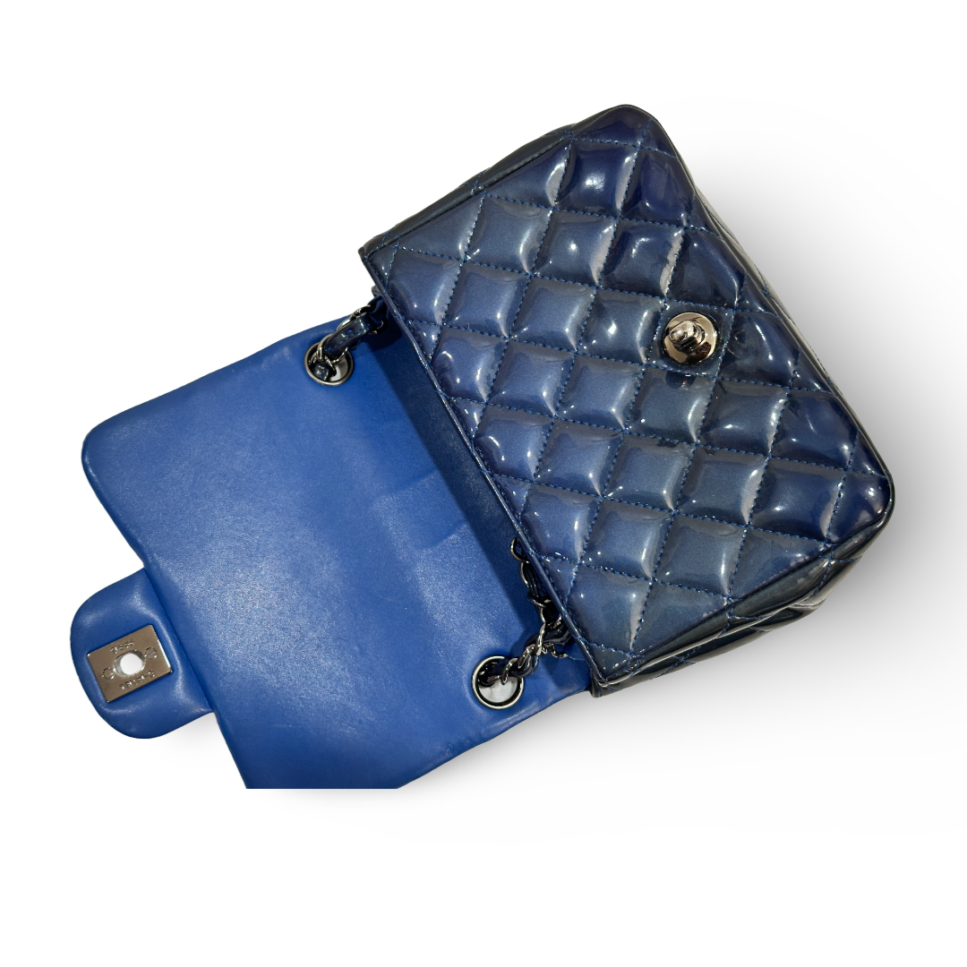 Chanel Classic Patent Quilted Mini Square Single Flap Navy
