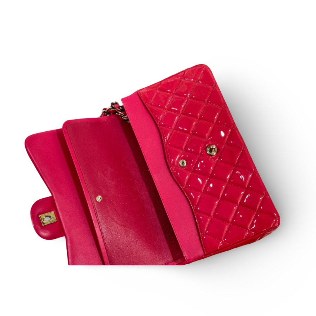 Chanel Classic Patent Quilted Jumbo Double Flap Pink