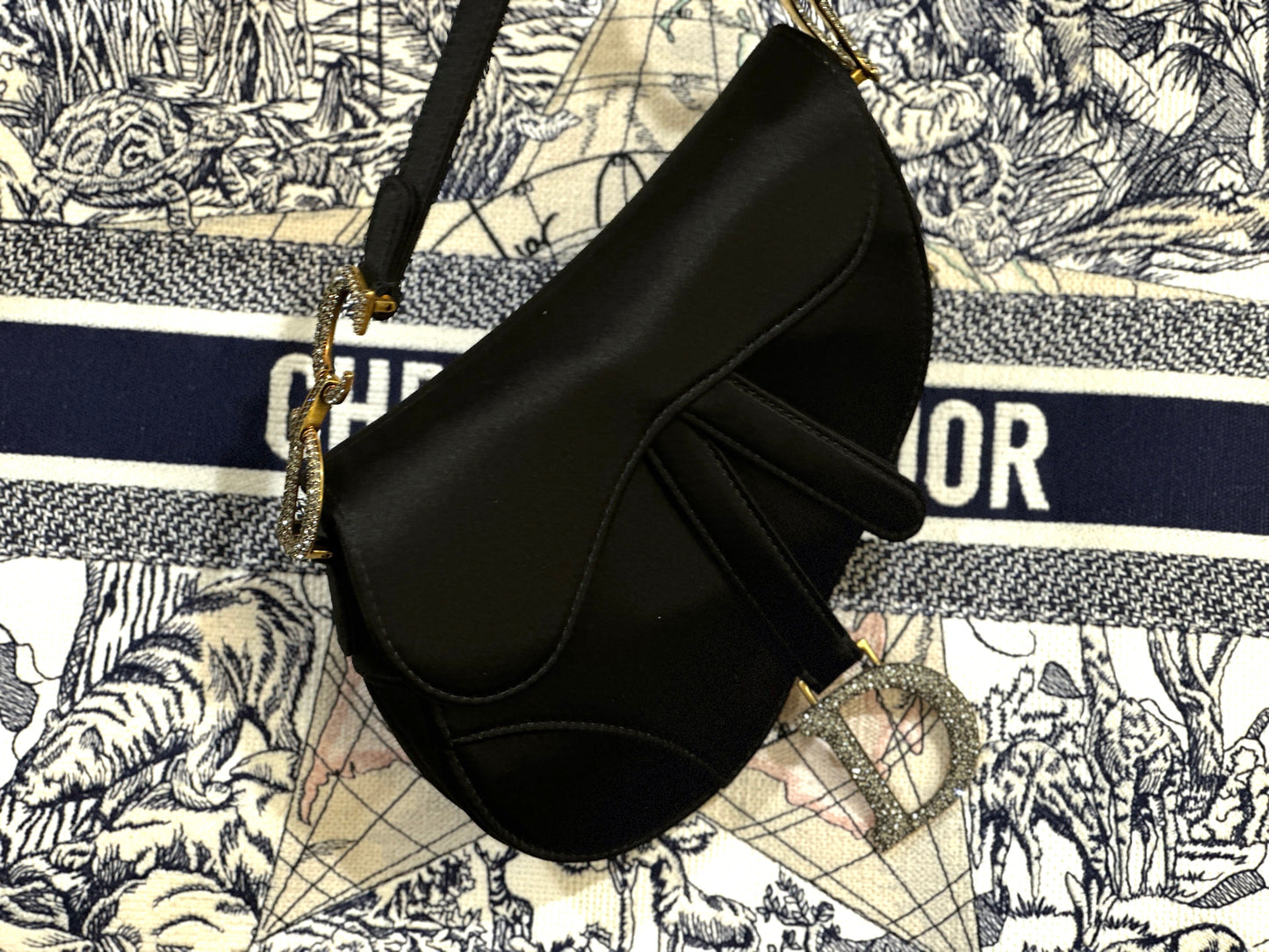 Dior Satin Crystal Mini Saddle Bag Black