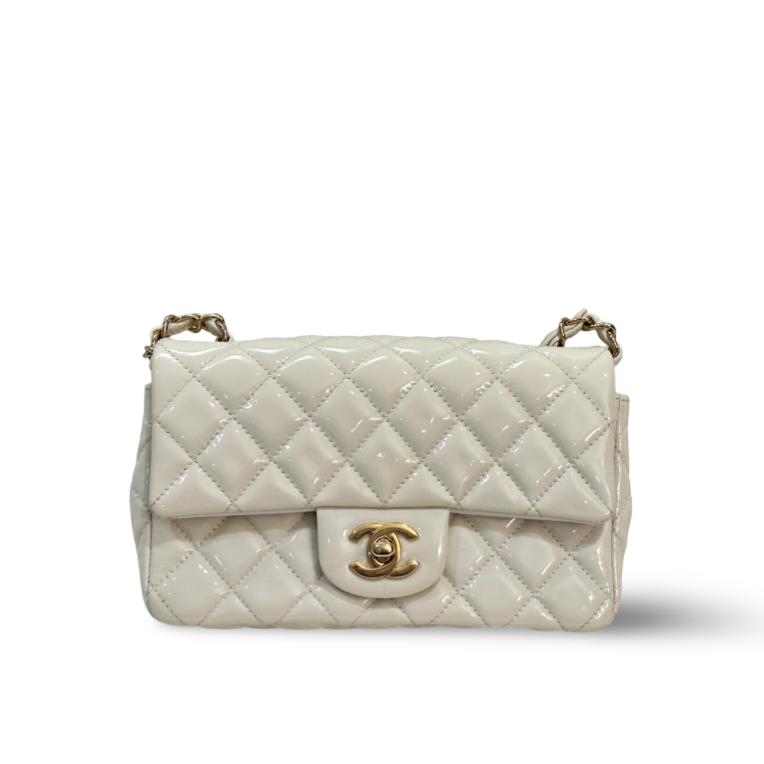 Chanel Classic Patent Quilted Mini Rectangular Single Flap White