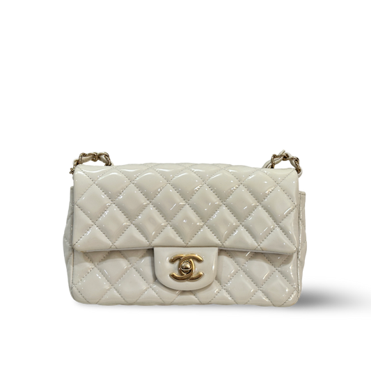 Chanel Classic Patent Quilted Mini Rectangular Single Flap White
