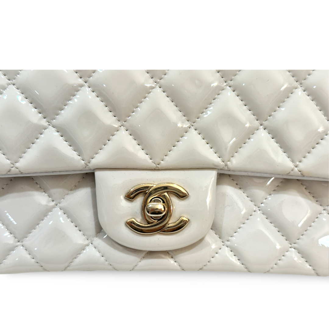 Chanel Classic Patent Quilted Mini Rectangular Single Flap White