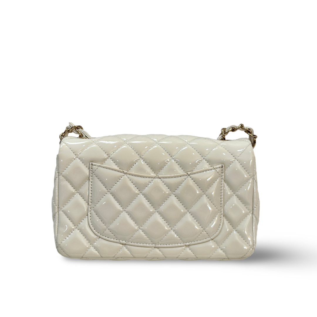 Chanel Classic Patent Quilted Mini Rectangular Single Flap White