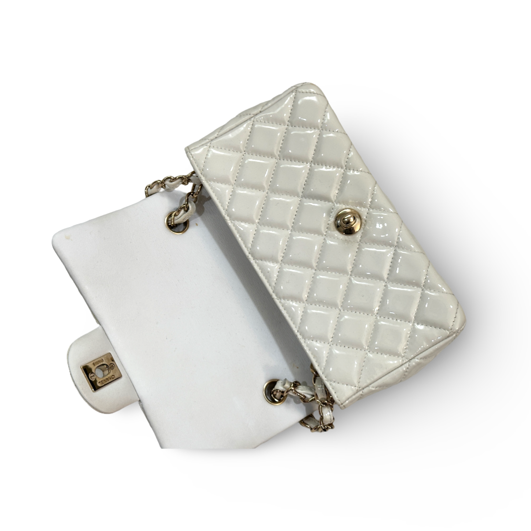 Chanel Classic Patent Quilted Mini Rectangular Single Flap White