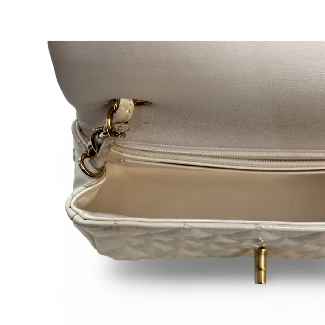 Chanel Classic Patent Quilted Mini Rectangular Single Flap White