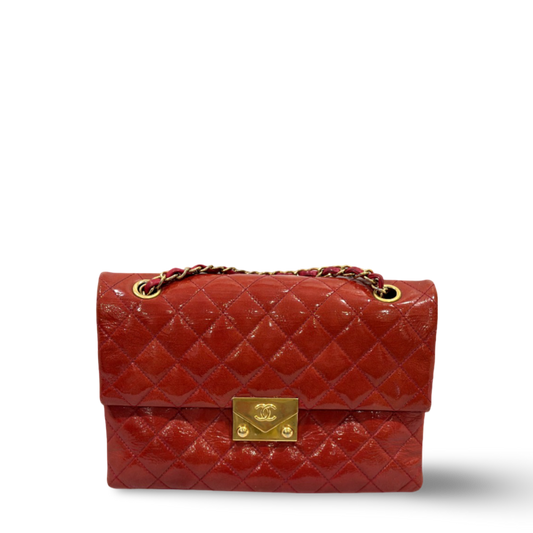 Chanel Classic Patent Envelope Gold Lock Multiple Flaps Red
