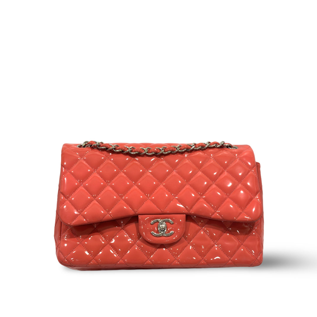 Chanel Classic Patent Quilted Jumbo Double Flap Peach Pink